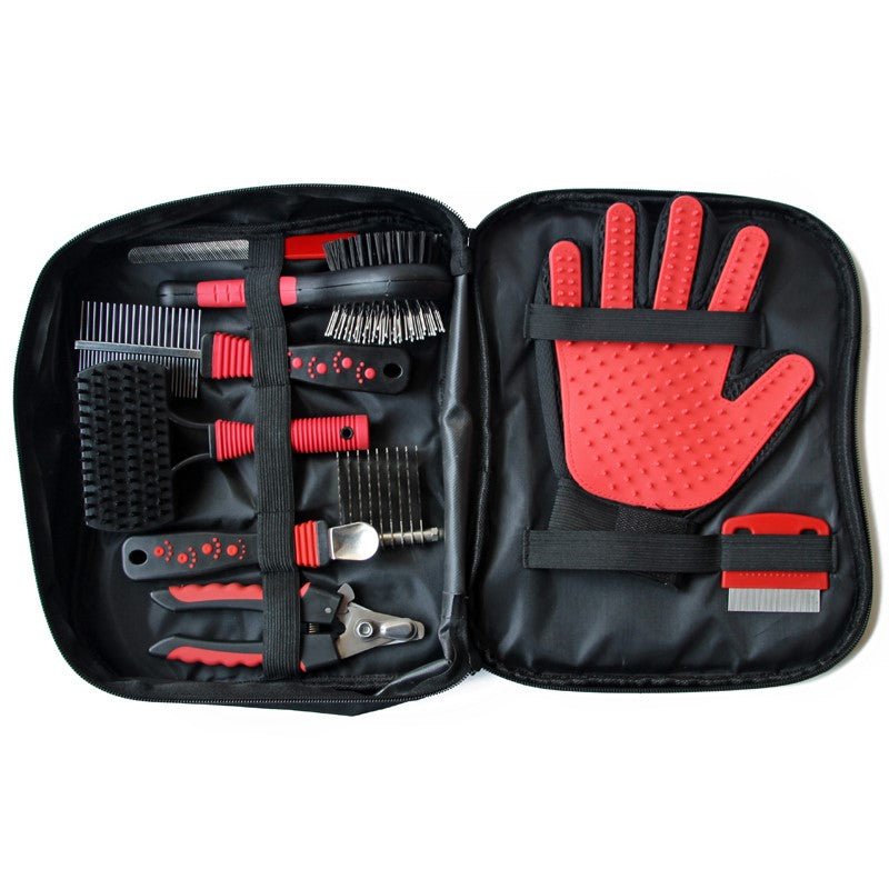 Open pet grooming kit pouch with multiple combs, brush tools, and scissors