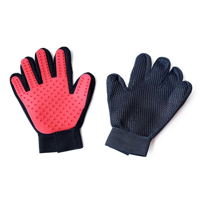 Pet grooming glove pair: red silicone nubs glove and dark textured glove