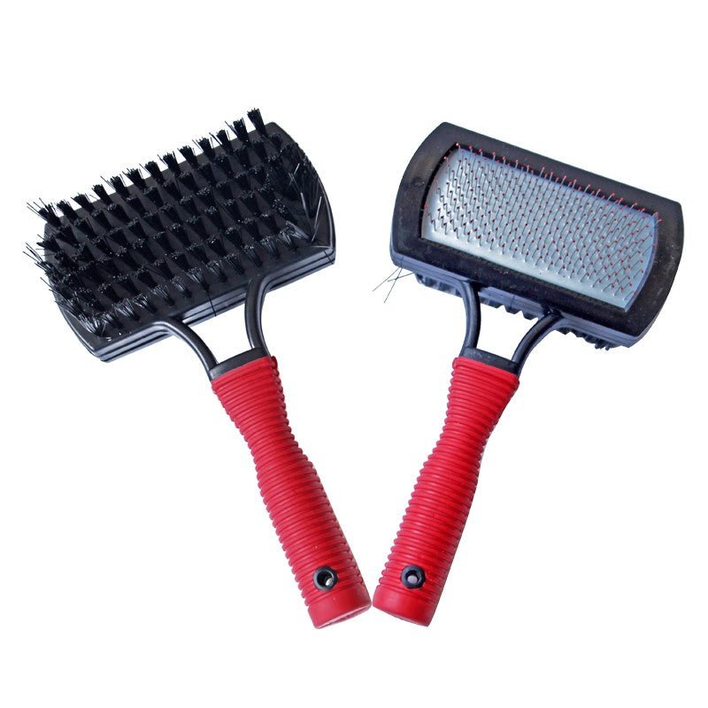Pet grooming brushes with rectangular heads and red handles, bristle surfaces
