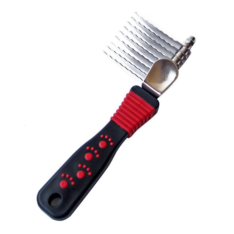 Red-black pet grooming comb brush with metal pins and paw-print grip