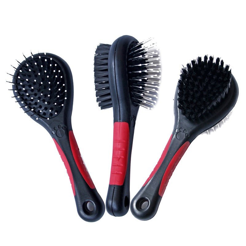 Pet grooming brush set of three: three brush heads, red-and-black handles