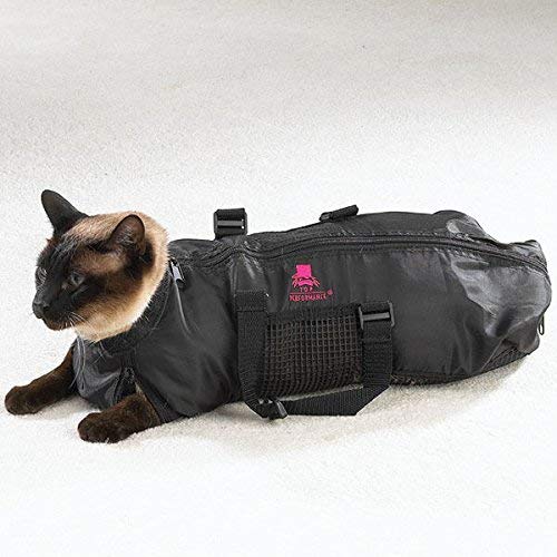Cat and small dog grooming bag with mesh panel, black fabric, adjustable strap