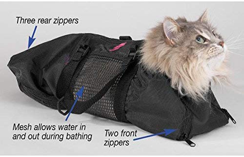 Cat and small dog grooming bag with mesh panels and multiple zippers, dark