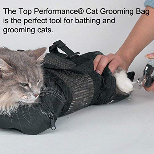 Cat and small dog grooming bag with mesh panel and top strap, dark fabric