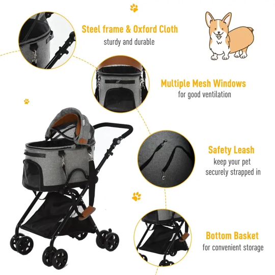 Grey pet stroller with mesh windows, safety leash, and brown handle accents