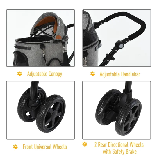 Grey pet stroller with adjustable canopy and multi-wheel base with safety brake