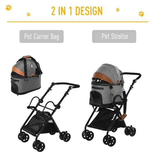 Grey 2-in-1 pet carrier bag and pet stroller with canopy and wheels