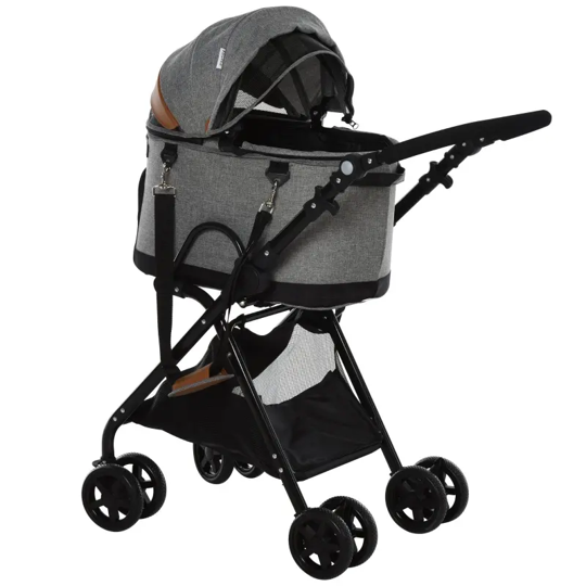 Grey pet stroller with folding frame, canopy hood, and front handle bar