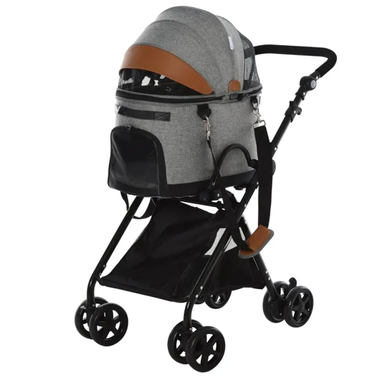 Grey 2-in-1 pet stroller with canopy, mesh window, and front storage bag