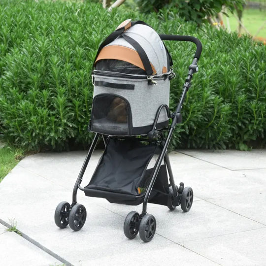 Grey pet stroller with canopy and mesh side window, five-wheel frame