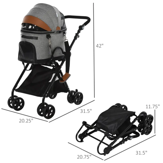 Grey pet stroller with canopy and front storage compartment, plus separate folded base