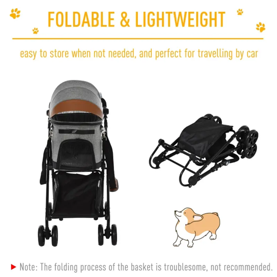 Grey pet stroller with canopy and large wheels, shown with folded carriage base