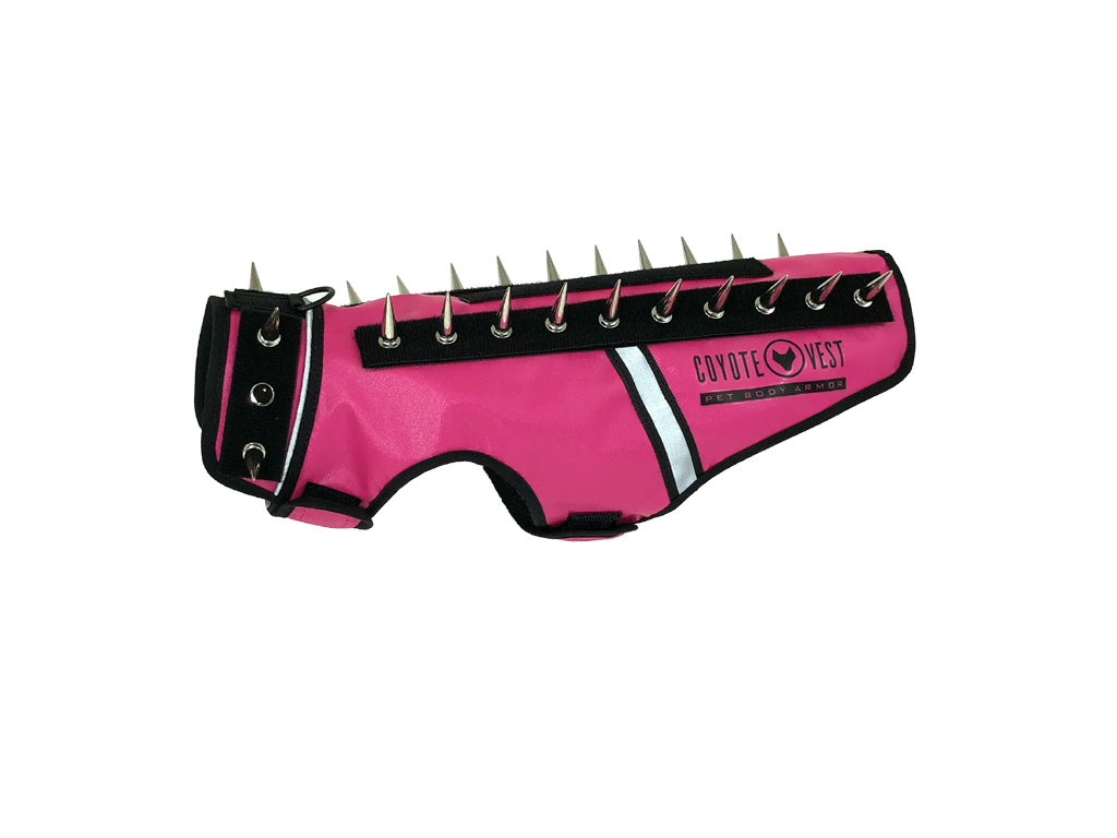 Neon pink spike cat vest with black spikes and white stripe, logo patch