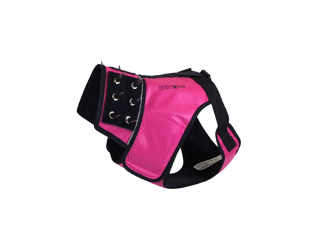 Dog harness in neon pink and black with metal grommets and spike-style stud panel