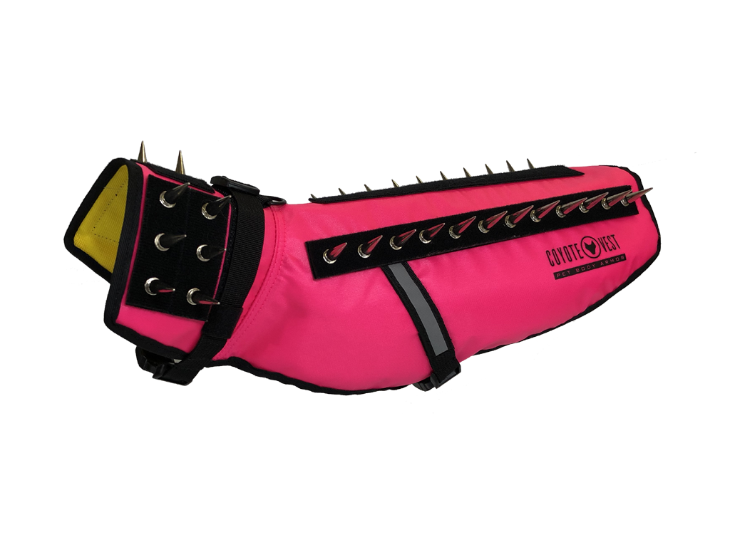 Hot pink spiked dog vest with black studded strap panel and adjustable side buckles