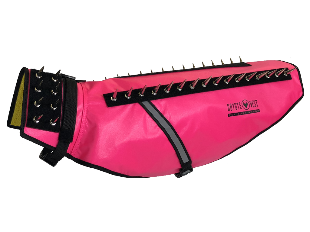 Neon pink spiked dog vest with black grommet strap and adjustable side buckles