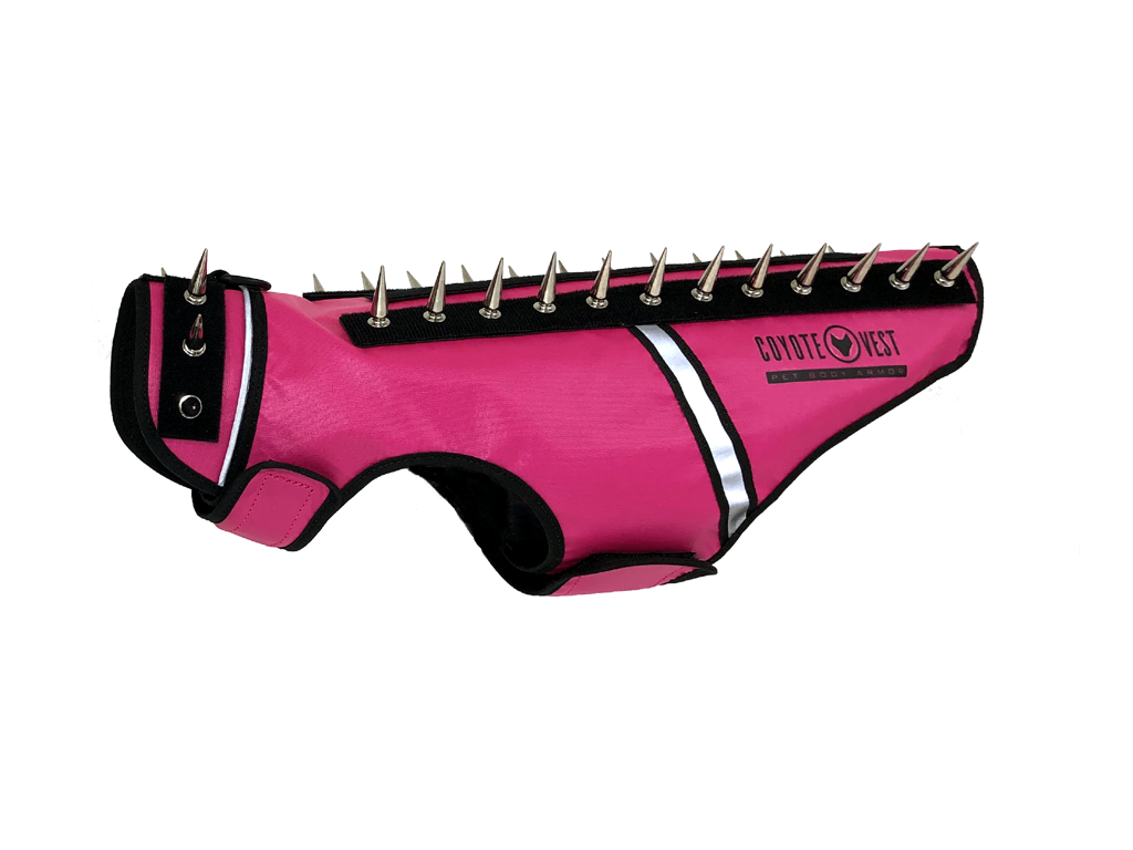 Cat spike vest in magenta with black trim, white piping, and metal spikes across top