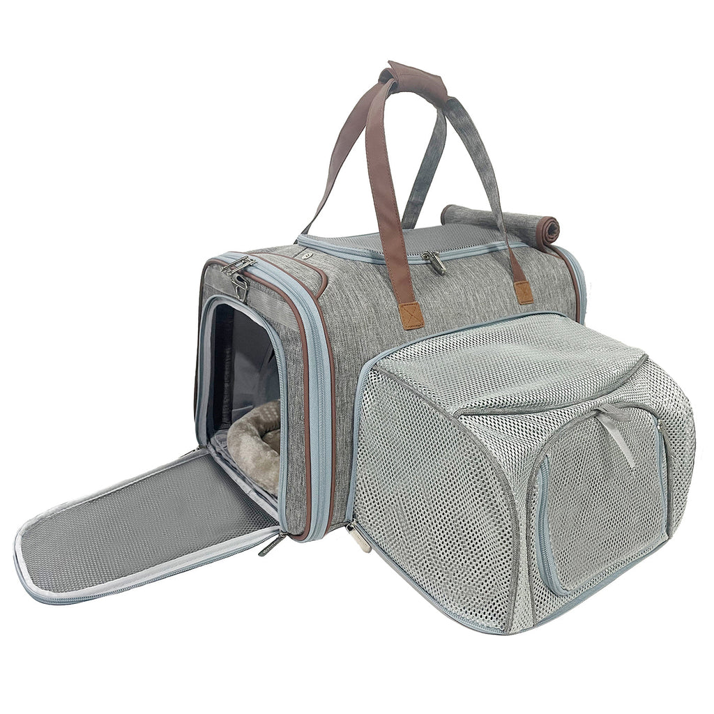 Expandable pet carrier with open front door and mesh ventilation panels; gray