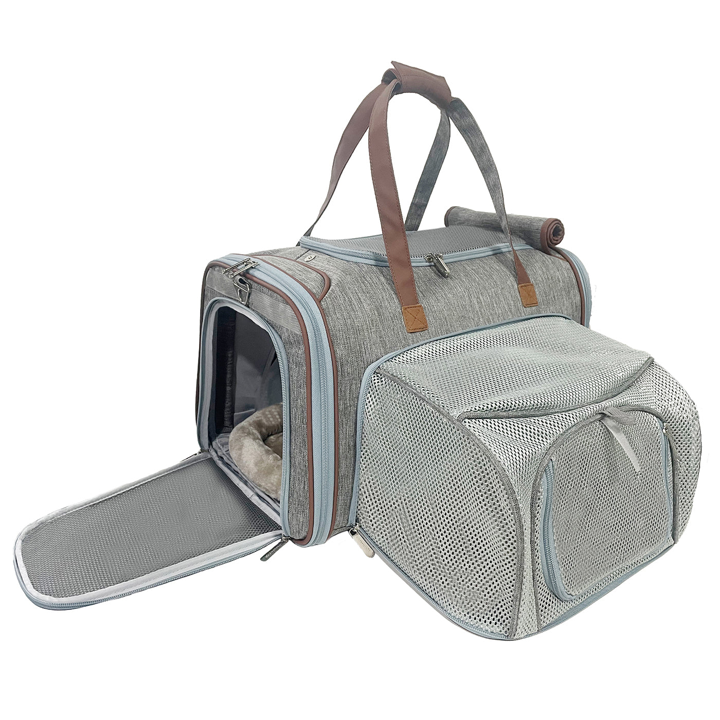 Expandable pet carrier with open front door and mesh ventilation panels; gray