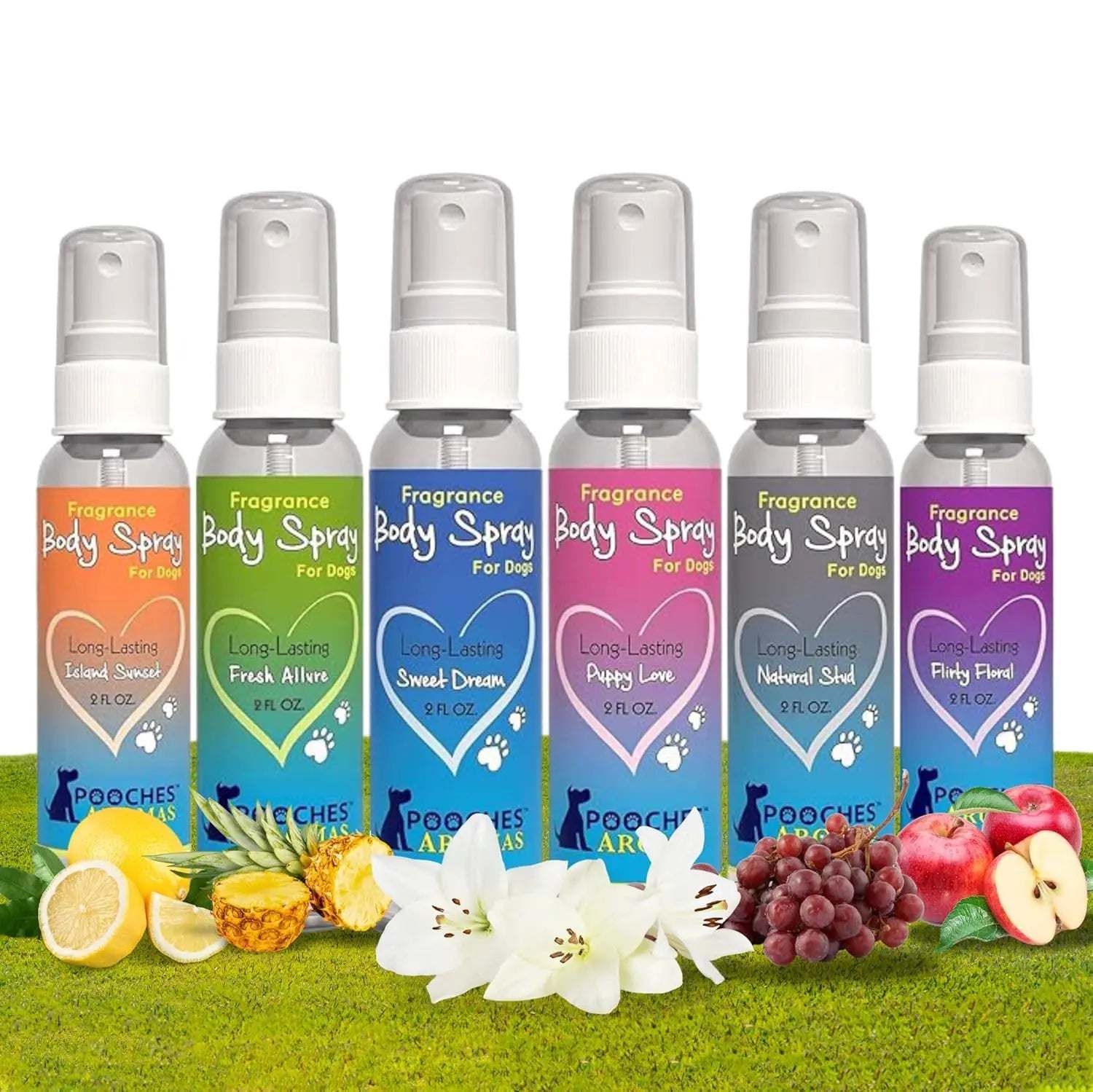 Dog grooming spray cologne 6-pack of white-pump bottles with colored fragrance labels