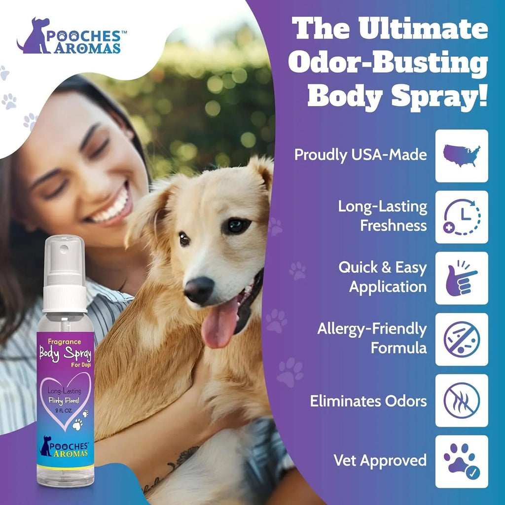 Dog grooming spray cologne bottle with white pump sprayer and blue fragrance label