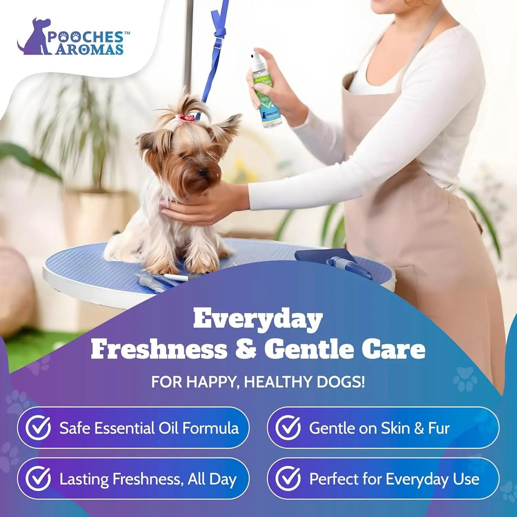 Dog grooming spray cologne bottle with white pump sprayer and green fragrance label