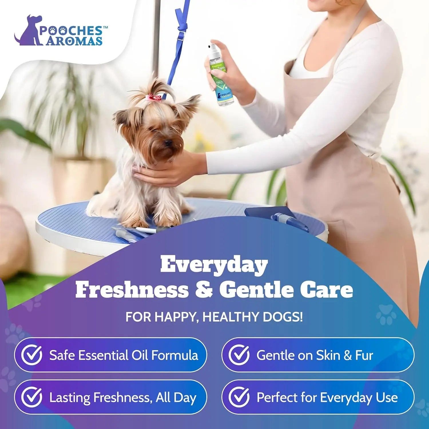 Dog grooming spray cologne bottle with white pump sprayer and green fragrance label