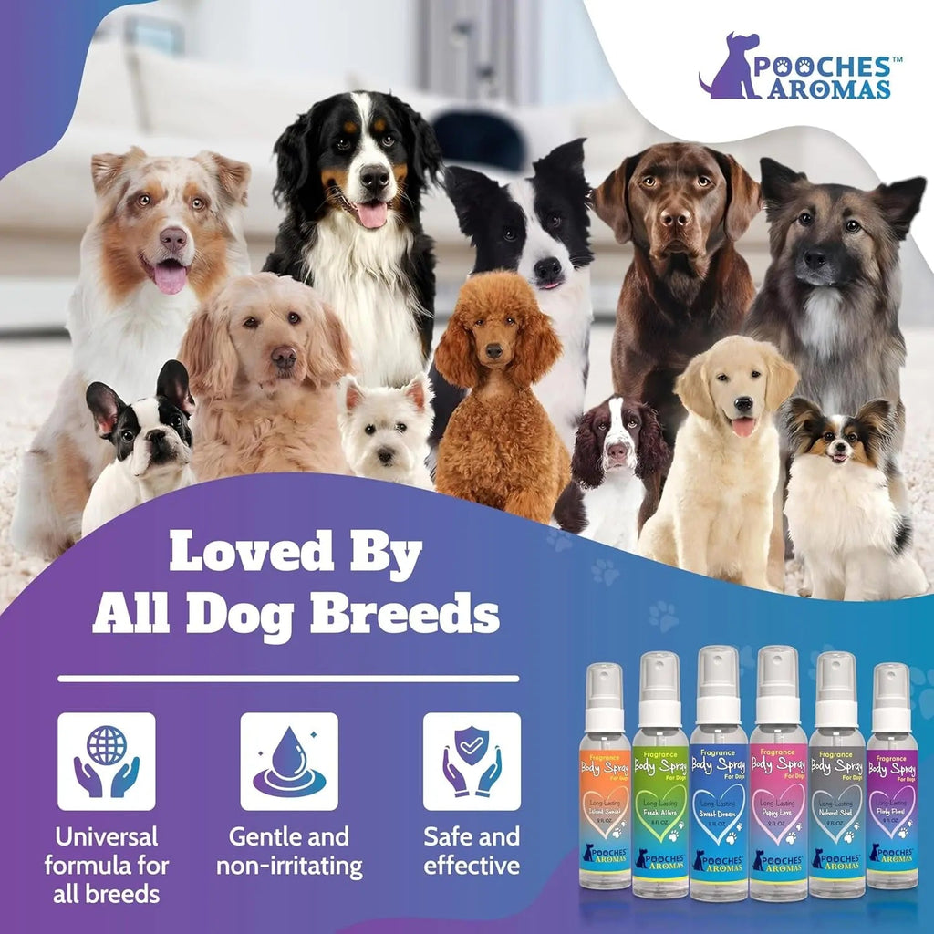 Dog grooming spray cologne bottles lined up, each with a white pump sprayer