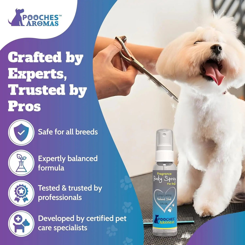 Dog grooming spray cologne bottle with white pump sprayer on a grooming mat