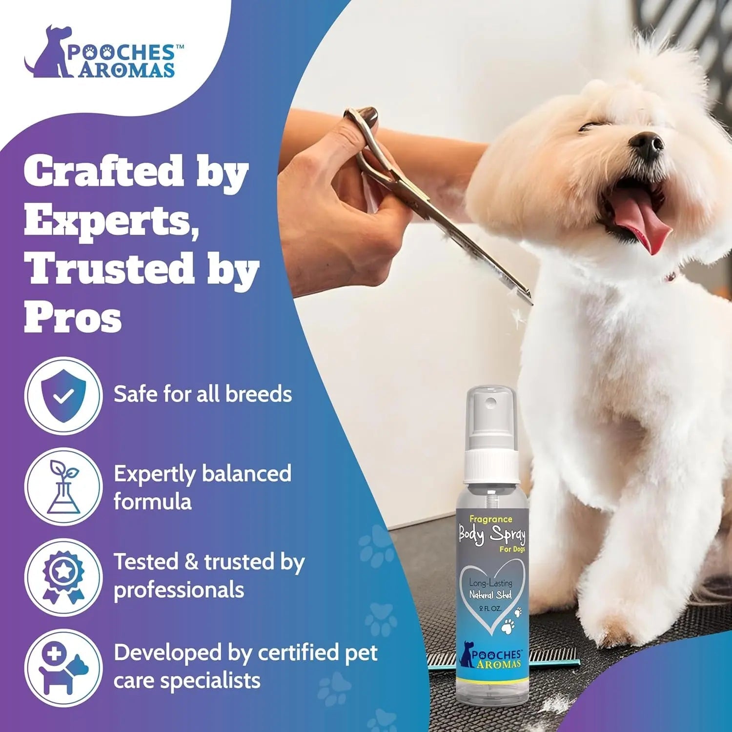 Dog grooming spray cologne bottle with white pump sprayer on a grooming mat