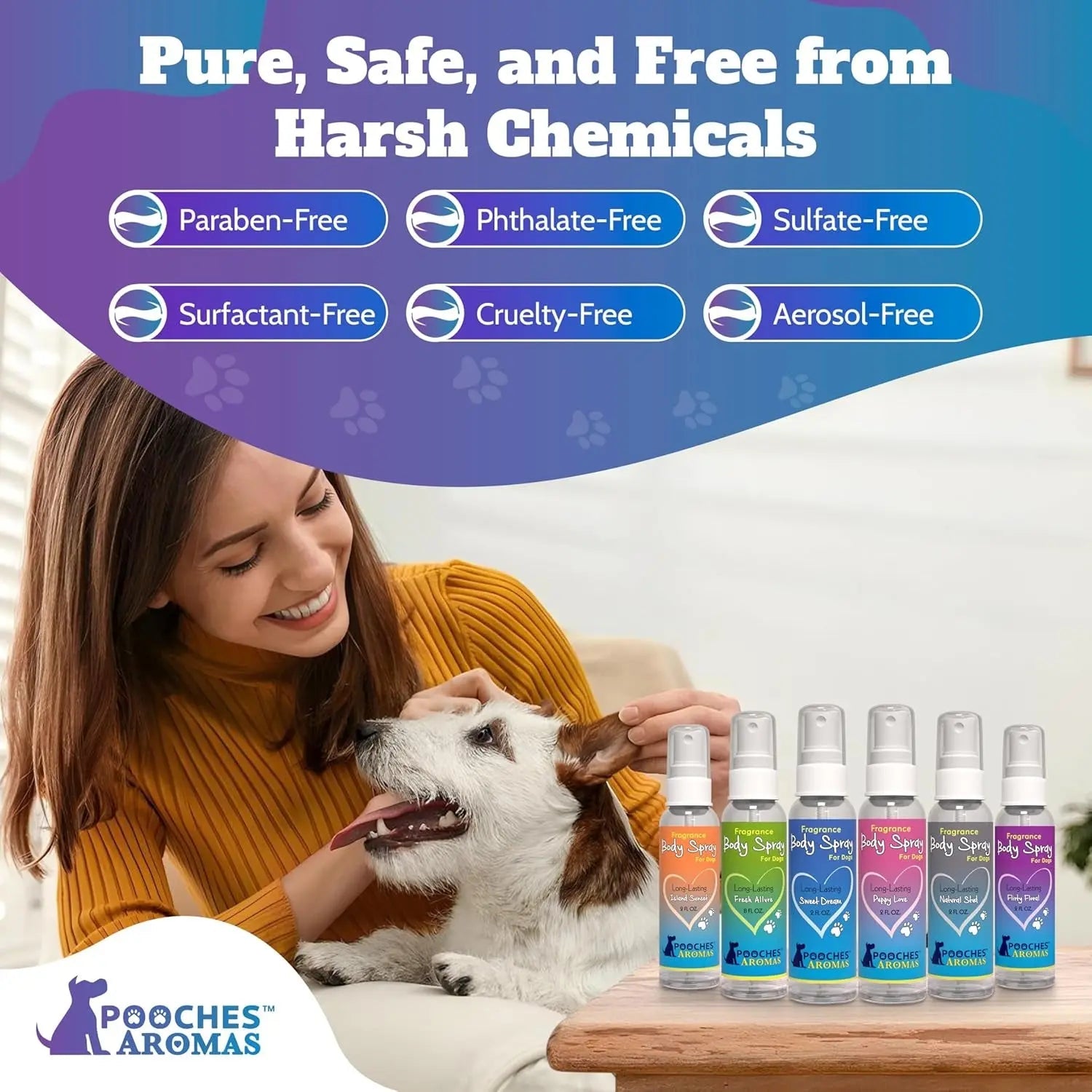 Dog grooming spray cologne bottles with white pump sprayers displayed in a row