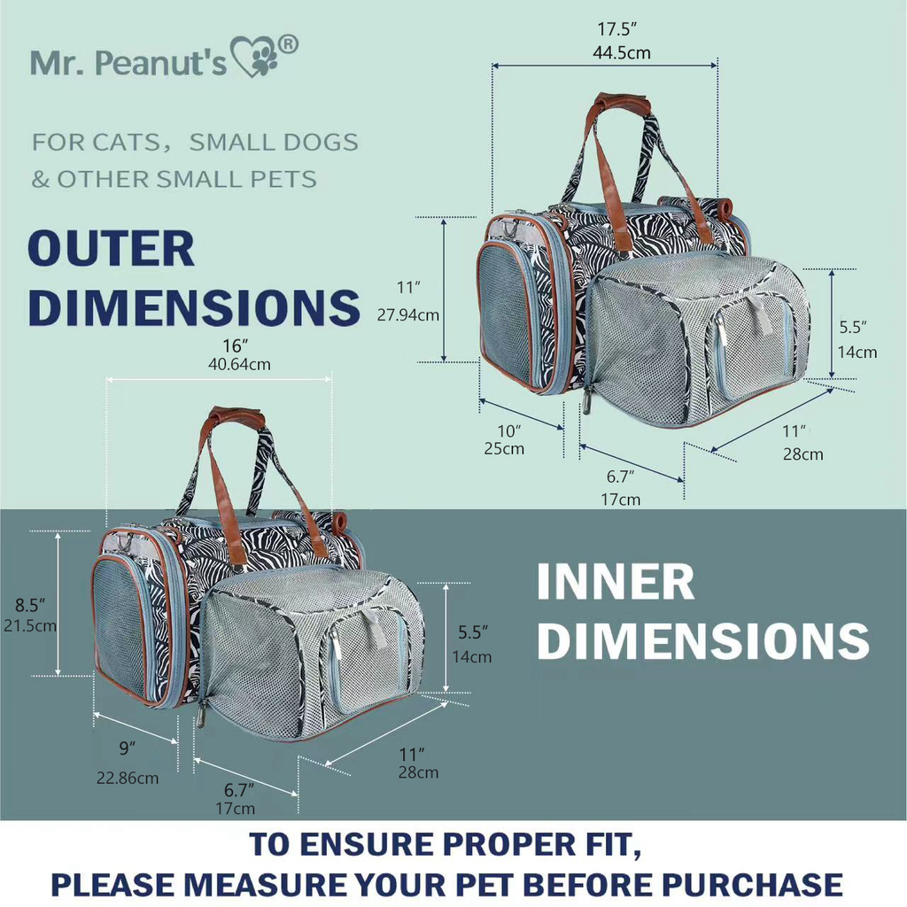 Expandable pet carrier with zebra print, gray mesh panels, and brown top handle