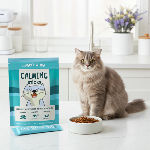Cat calming treat sticks package with gray cat beside a white bowl