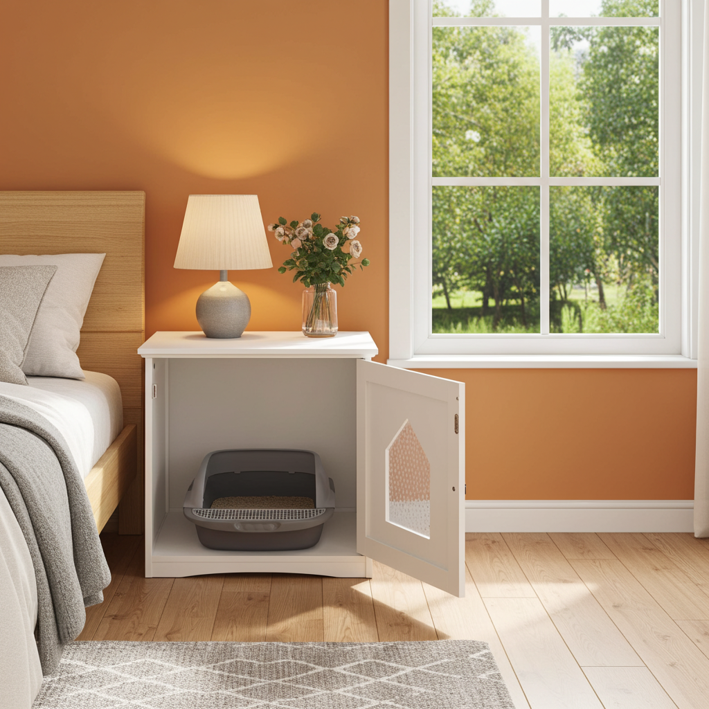 White cat house nightstand with open side door and gray litter tray