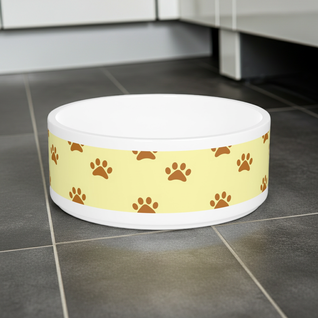 Golden Pawprints on Buttercream Sky Pet Bowl — Ceramic, 16oz, Dishwasher-Safe