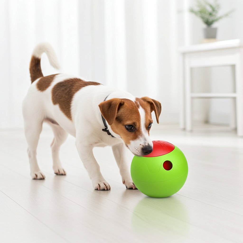 Green and red automatic puzzle dog food dispenser ball with round feeder opening
