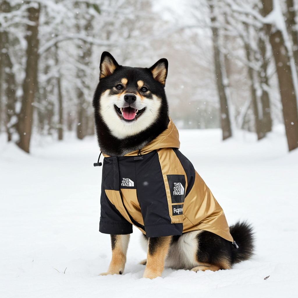 Gold and black dog raincoat with hood, front zipper, and quilted paneling