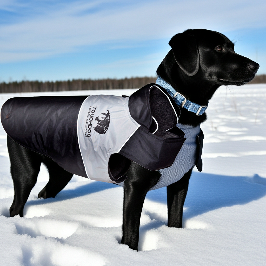 Black dog wearing black waterproof jacket with hood and blue reflective trim