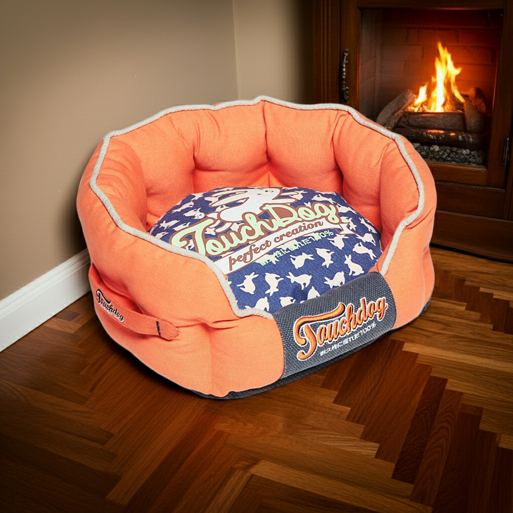 Rounded designer dog bed with coral orange cushion and blue rabbit-spotted liner