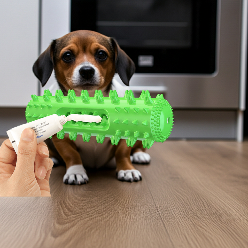 Green spiked dog toothbrush and teething toy with white brush handle