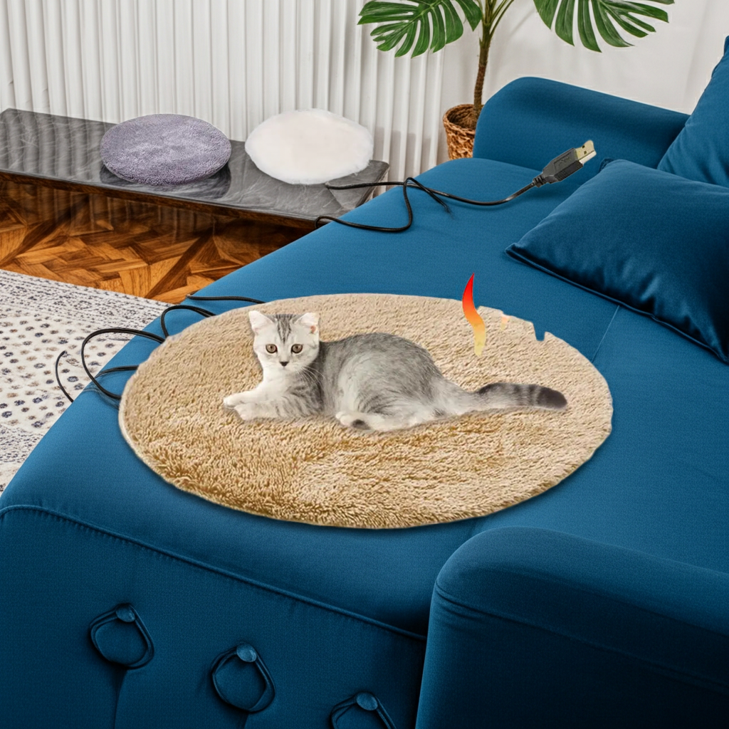 Blue plush electric heating pad for pets with USB cable and round top, cat resting.