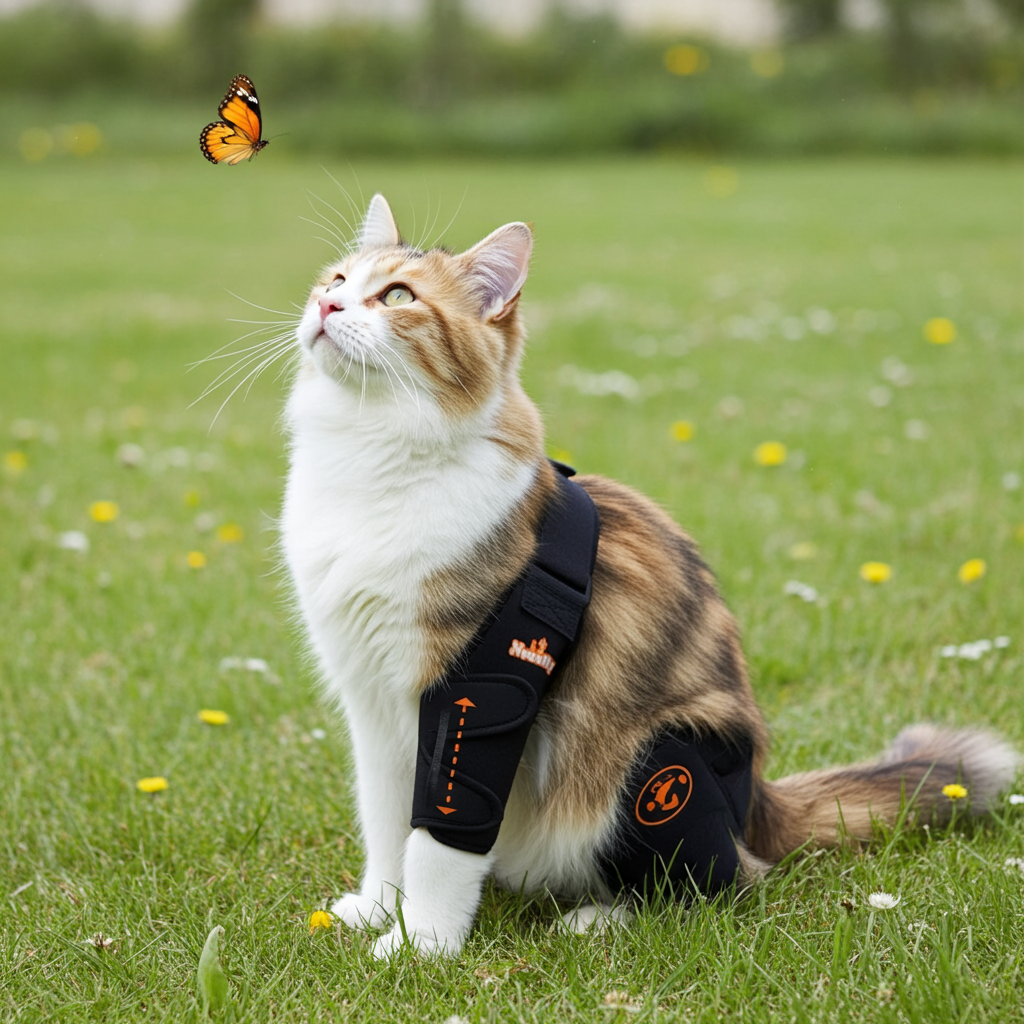 Pet elbow and shoulder brace, black with orange accents, on cat front legs