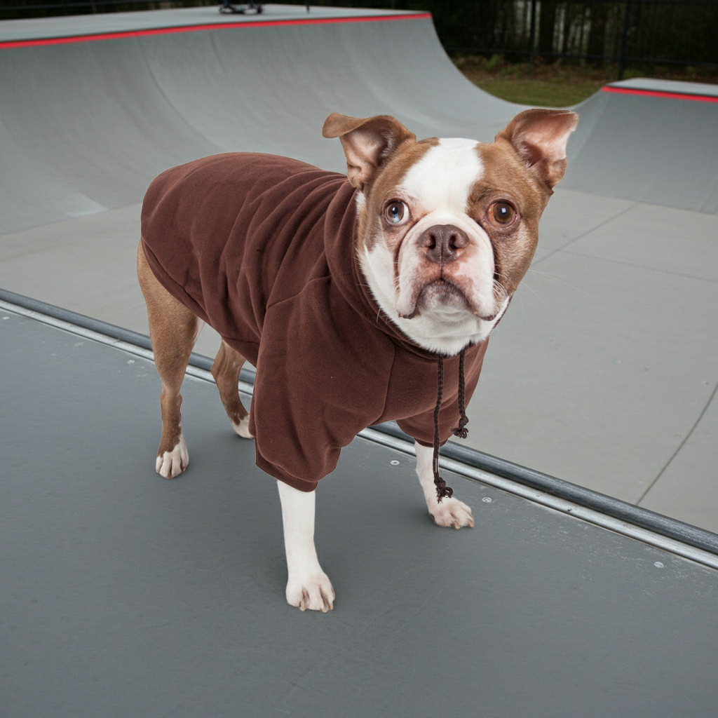 Brown hooded dog sweater on a French bulldog, drawstring hood and front pocket seam