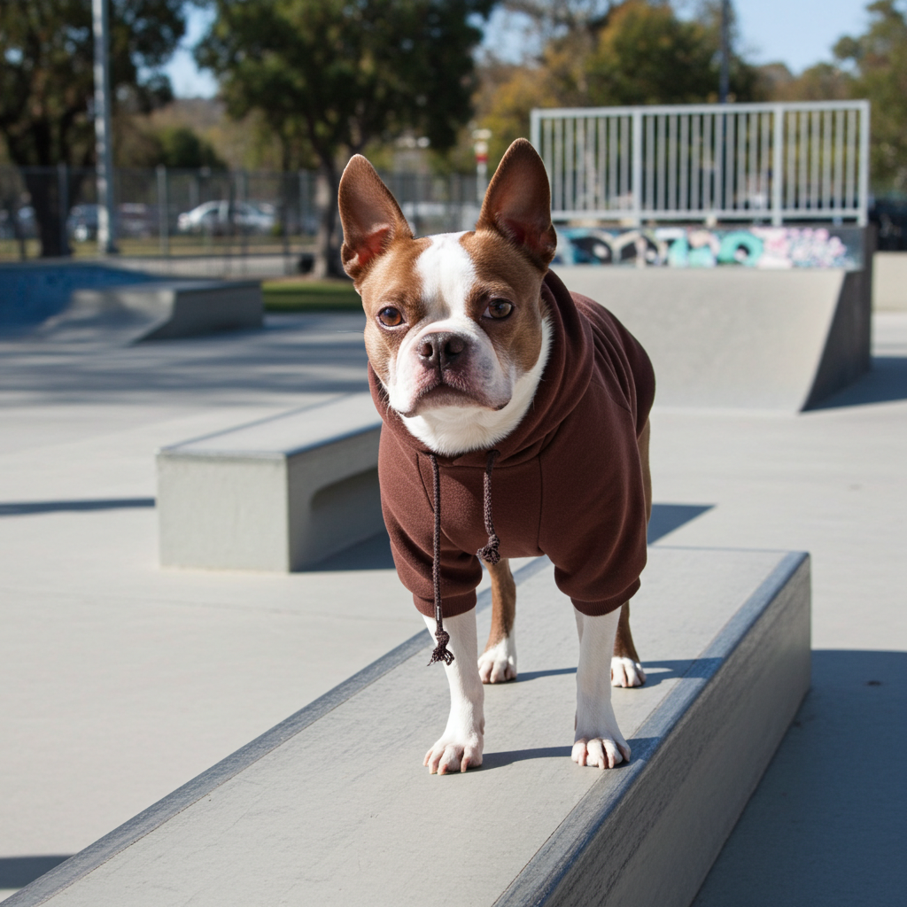 Brown hooded dog sweater on a French bulldog, drawstring hood, standing pose