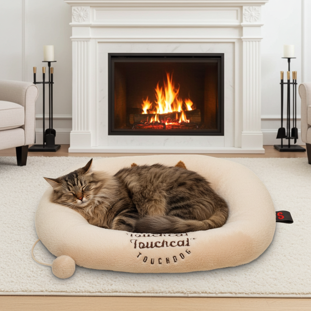 Plush round cat bed lounger mat in beige with Touchcat label and side ball detail