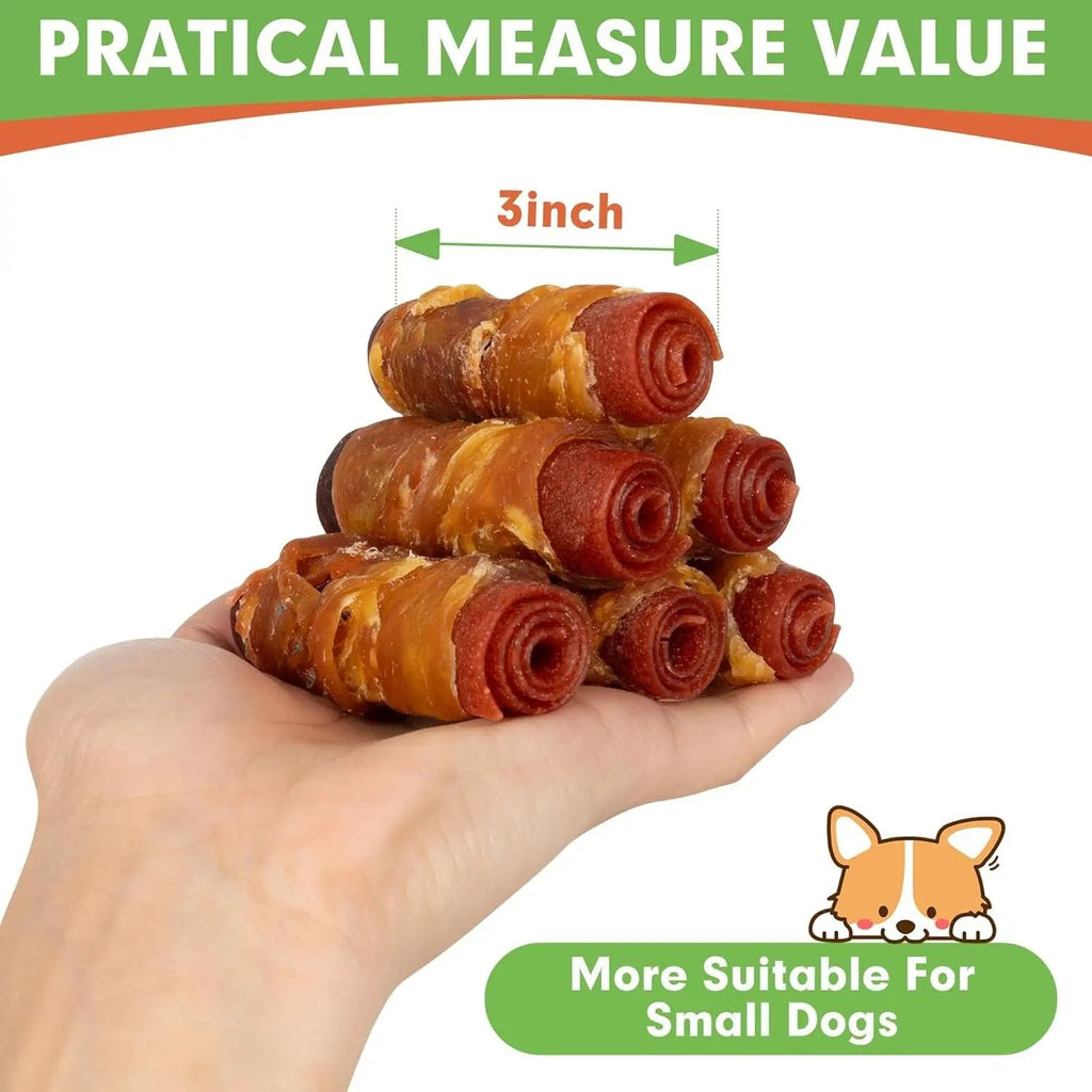 Stack of rolled dog treats, about 3 inch, amber with red spirals