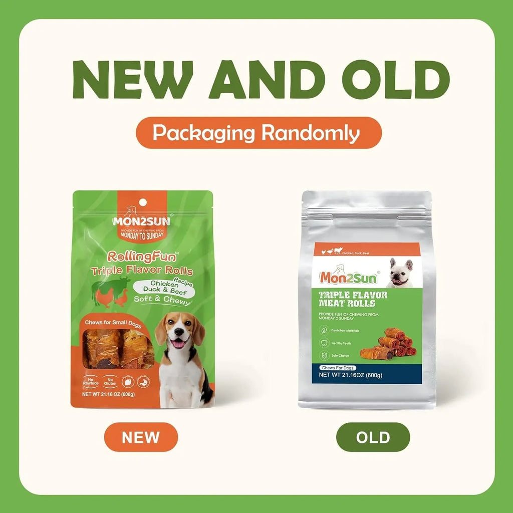 Dog treat package bags showing new and old designs