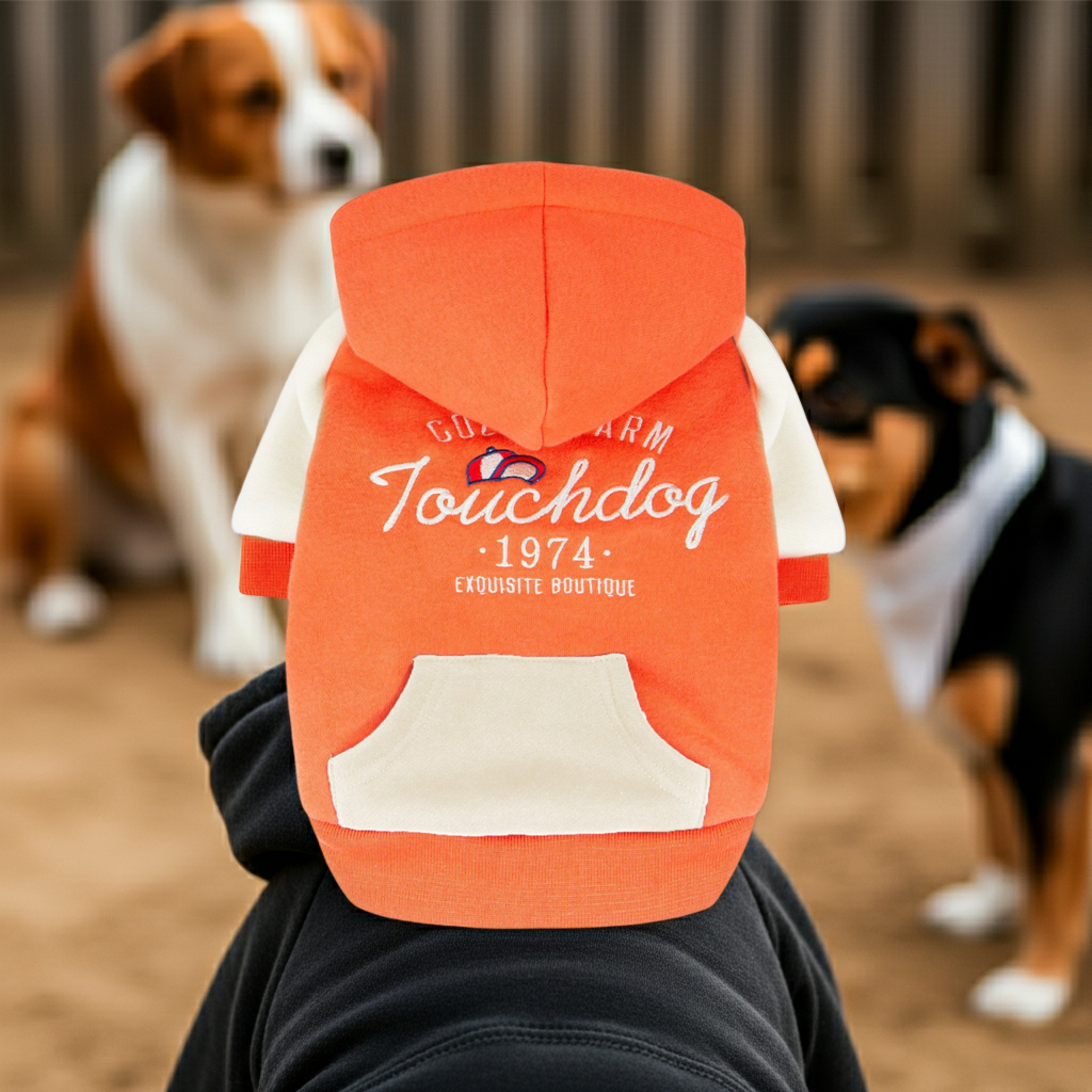 Orange dog hoodie sweater with hood and logo print, paired with dark striped leggings