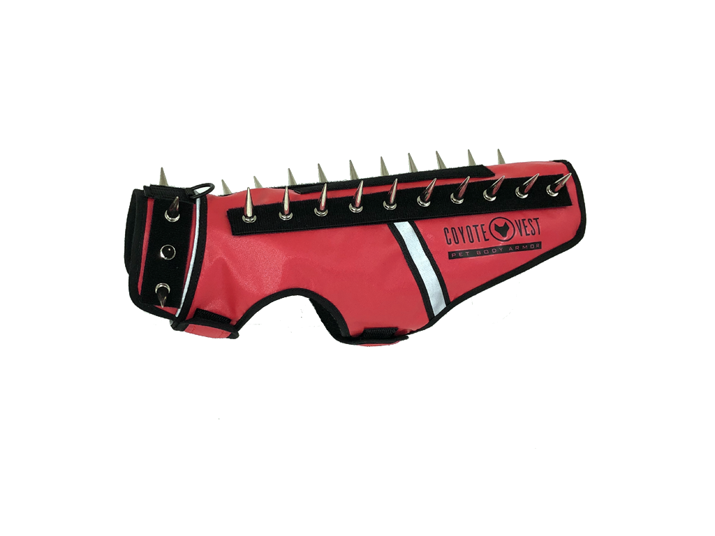 Red spike cat vest with black spikes and white stripe, logo patch