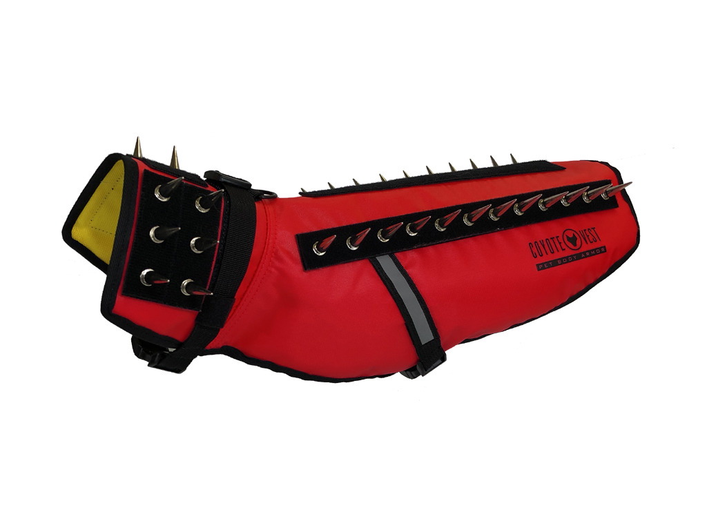 Red spiked dog vest with black studded strap panel and adjustable side buckles